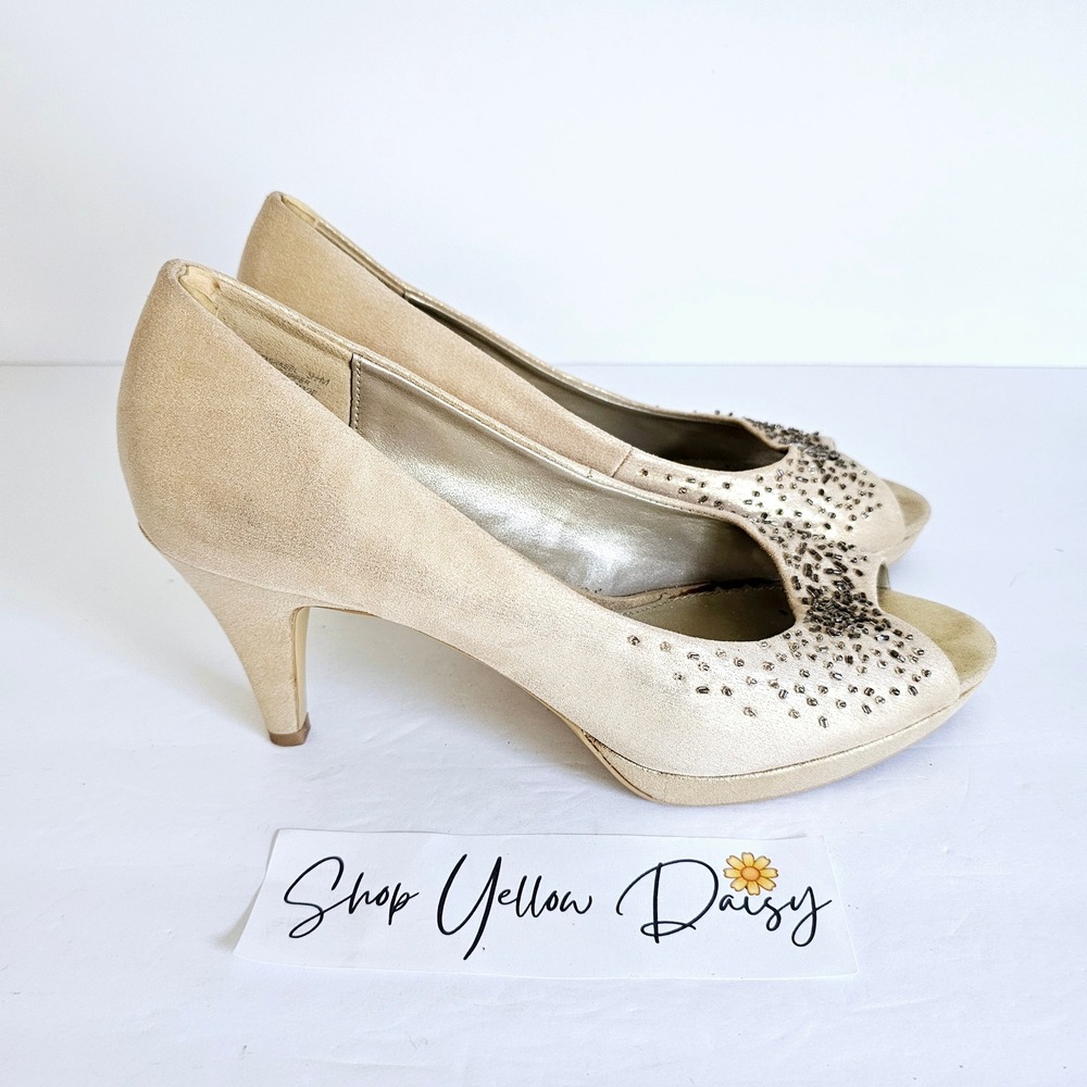 Bandolino Gold Beaded Peep Toe Platform Pumps Heels Mirabel Wedding Evening 9.5M